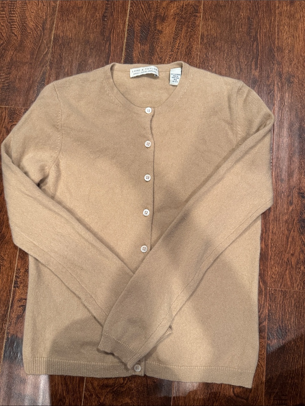 Lord & Taylor Camel Crewneck Button-Front Cardigan